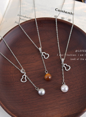 简约镂空葫芦珍珠吊坠项链