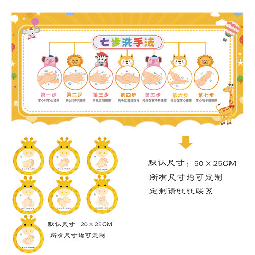 洗手七部曲幼儿园儿童七步洗手法墙贴海报卡通长颈鹿卫生间标语 - 图3