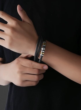 欧美复古风时尚皮手链男士不锈钢转运珠皮革简约手环ins小众设计