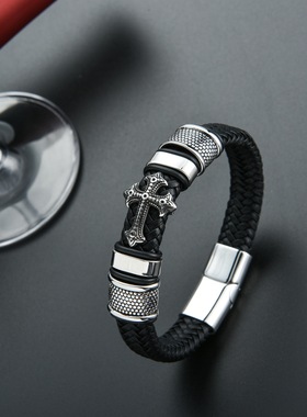 跨境皮革手工编制手镯皮编织十字架男士皮手链复古潮流