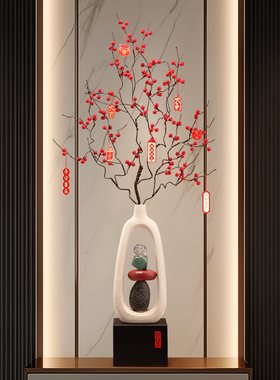 时来运转陶瓷花瓶摆件入户玄关客厅高档装饰品迎客松插干花器礼品