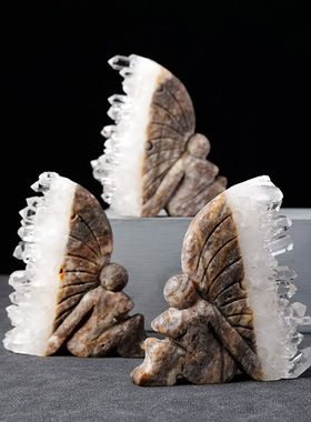 正品天然晶簇蝴蝶女孩摆件雕像水晶原石矿标工艺品雕刻家居桌面