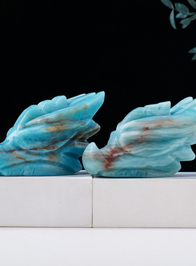 正品天然水晶天空蓝天河石龙头雕刻件原石打磨水晶工艺品