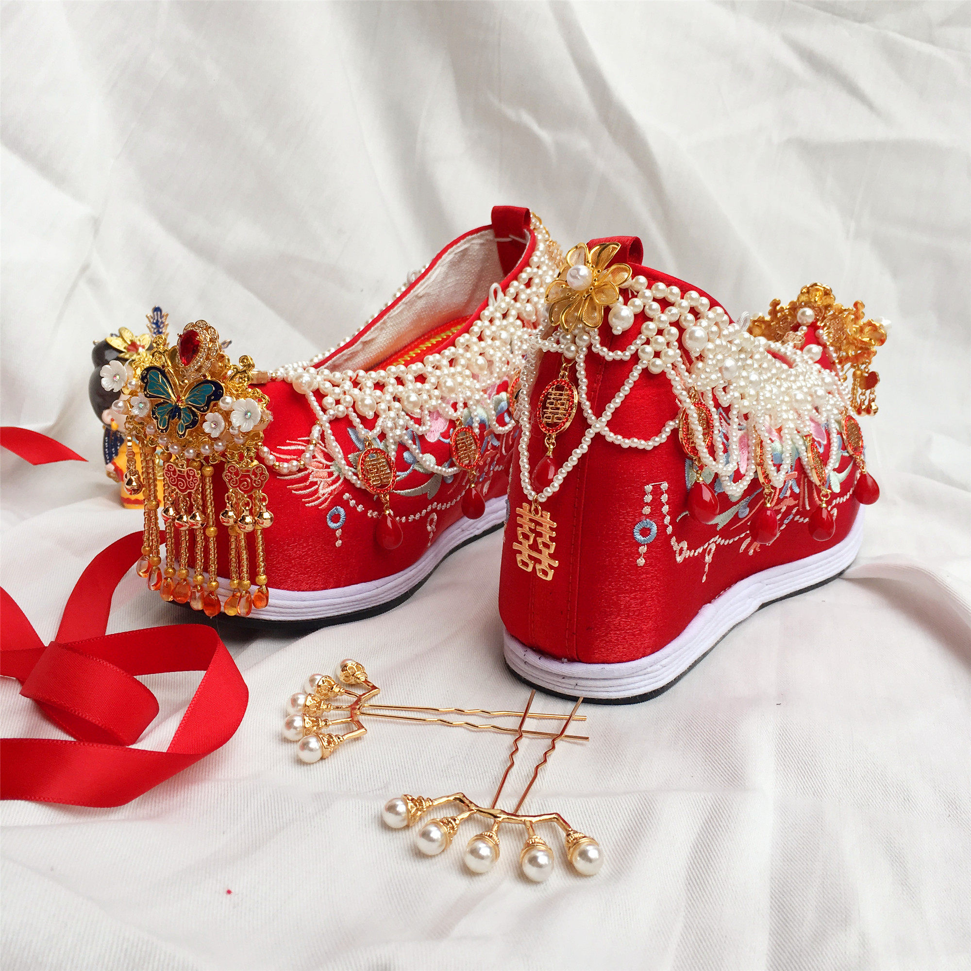 原创古风汉服鞋子女内增高跟古装绣花中式秀禾婚鞋蝶恋花项链鞋厚,淘宝优惠券,粉丝福利购,淘宝优惠卷