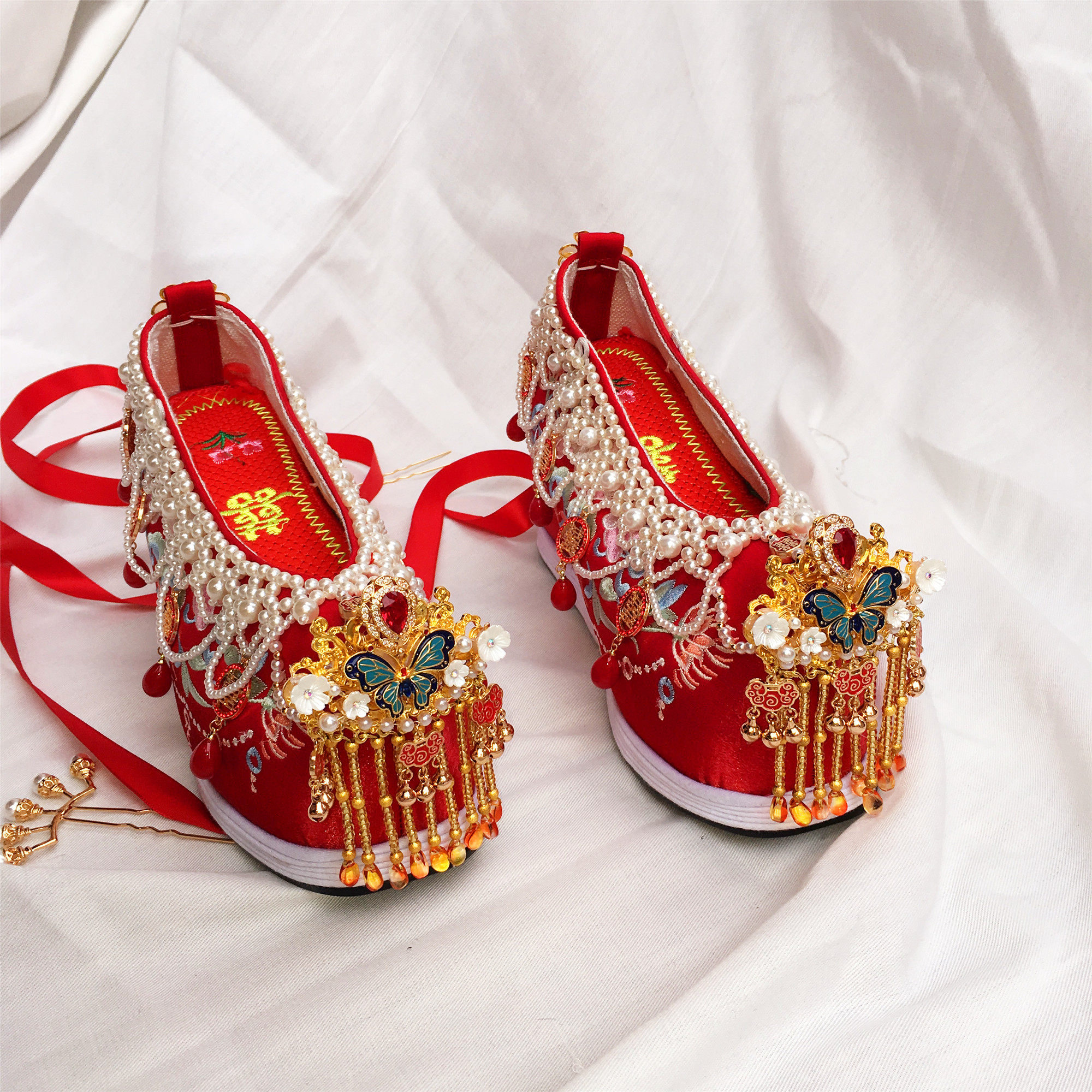 原创古风汉服鞋子女内增高跟古装绣花中式秀禾婚鞋蝶恋花项链鞋厚,淘宝优惠券,粉丝福利购,淘宝优惠卷