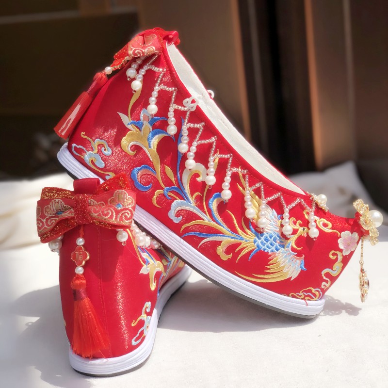 原创汉服鞋女内增高古装明制婚服鞋绣花中式秀禾婚鞋珍珠绣凤厚底 - 图1