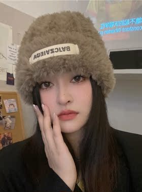 美拉德色毛线帽子女秋冬贴布百搭加厚保暖护耳冷帽显脸小针织帽男