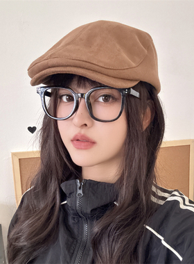 秋冬季麂皮绒复古前进帽女大头围日系报童帽显脸小鸭舌纯色贝雷帽