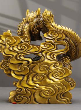 纯黄铜龙凤摆件一对龙凤呈祥龙凤戏珠家居客厅卧室摆设创意结婚礼