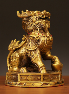 工厂批发全铜八卦财福麒麟黄铜色摆件麒麟家居客厅办公室店铺摆饰