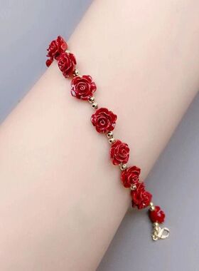 女款复古朱砂雕刻手链学生版玫瑰花diy配件手镯女款精致