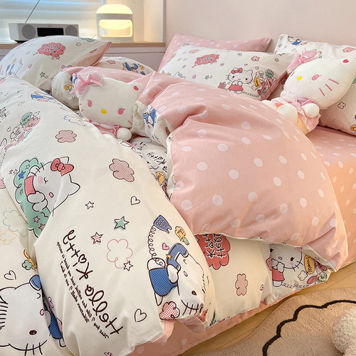 hellokitty全棉四件套100纯棉卡通凯蒂猫床单被套儿童床上三件套4 - 图0