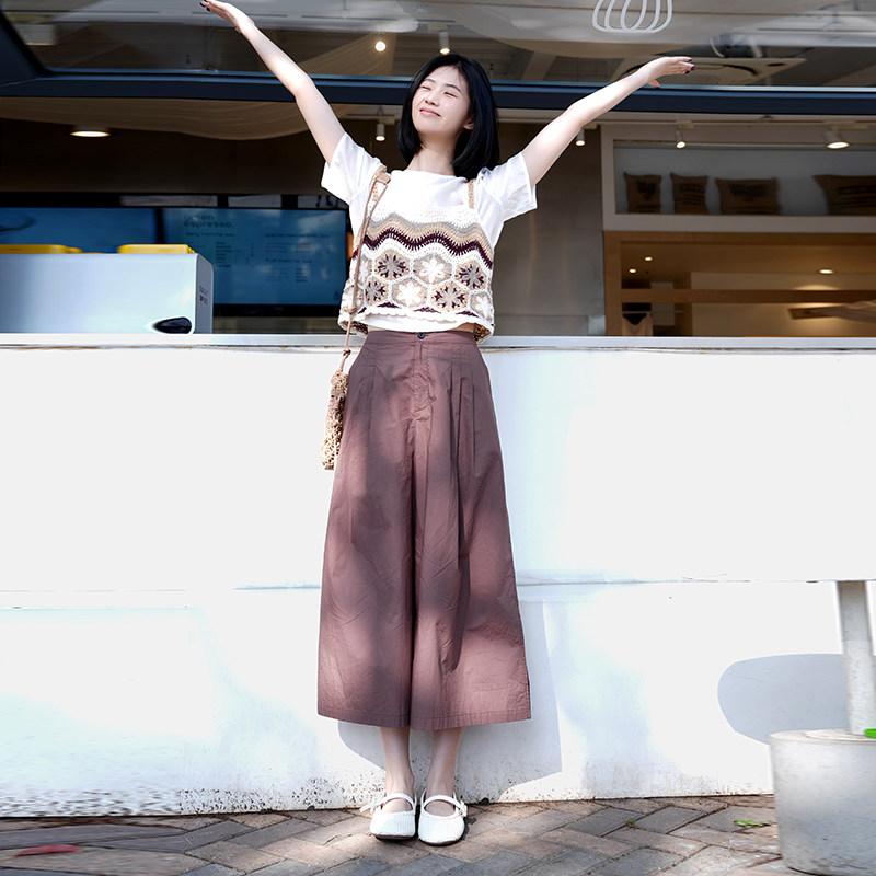 PIT米白圆领针织两件套短袖T恤女2025夏民族风薄款透气内搭上衣