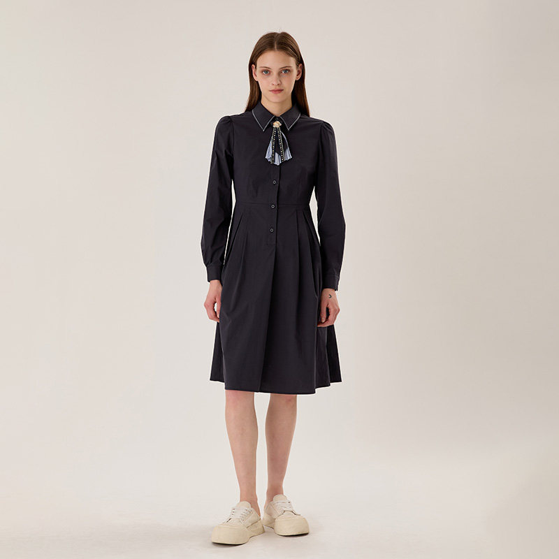 PIT纯色翻领收腰A字领带长袖衬衫裙连衣裙女2025夏显瘦中长裙,淘宝优惠券,粉丝福利购,淘宝优惠卷