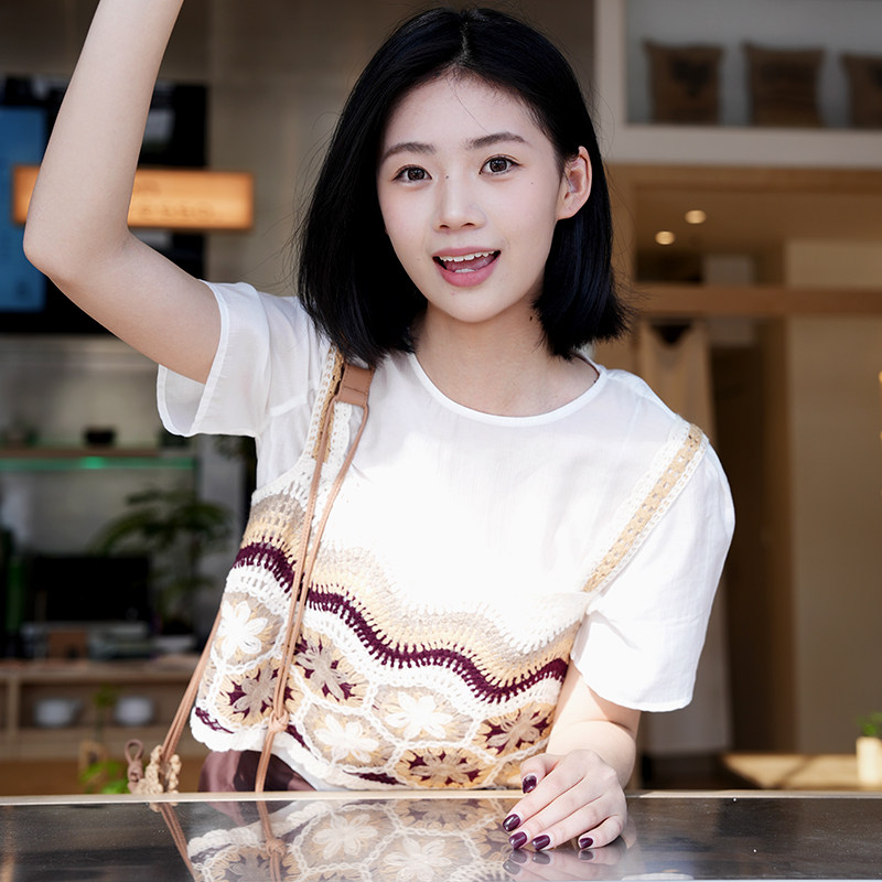 PIT米白圆领针织两件套短袖T恤女2025夏民族风薄款透气内搭上衣