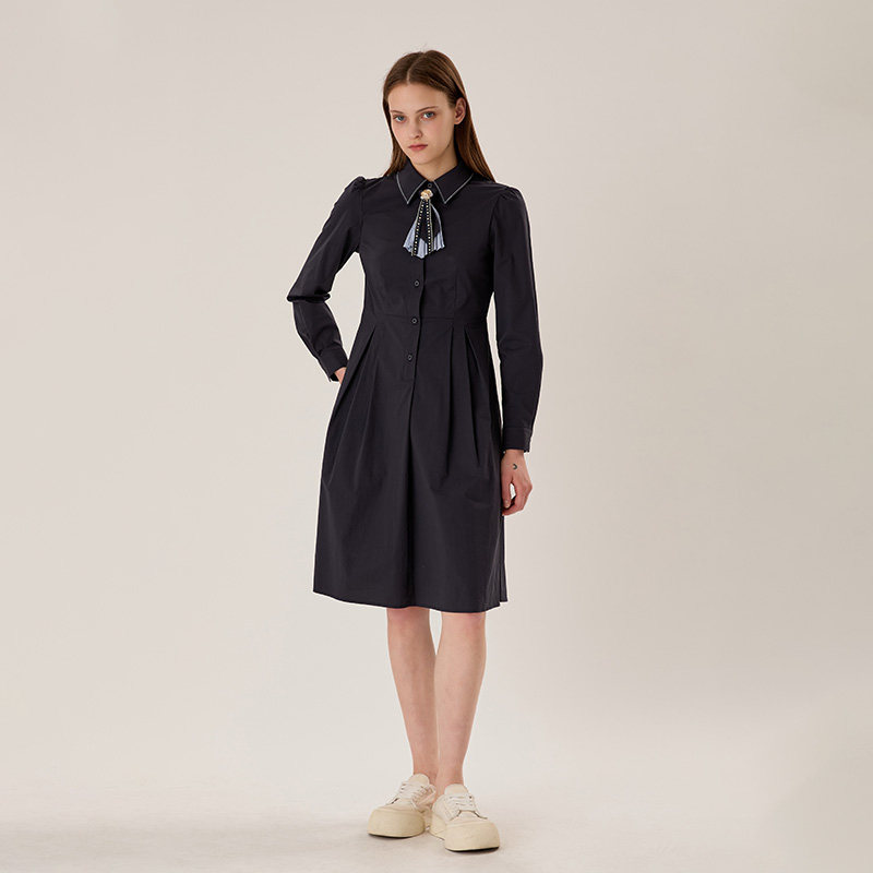 PIT纯色翻领收腰A字领带长袖衬衫裙连衣裙女2025夏显瘦中长裙,淘宝优惠券,粉丝福利购,淘宝优惠卷