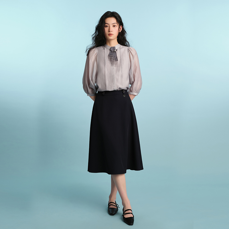 【莱赛尔凉感衬衫】PIT纯色立领中袖衬衣女2025夏轻薄透气上衣