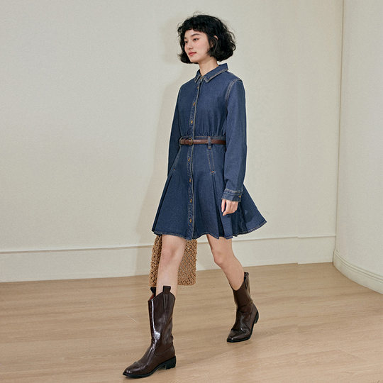 PIT复古设计感法式收腰牛仔连衣裙女秋装新款高腰显瘦裙子