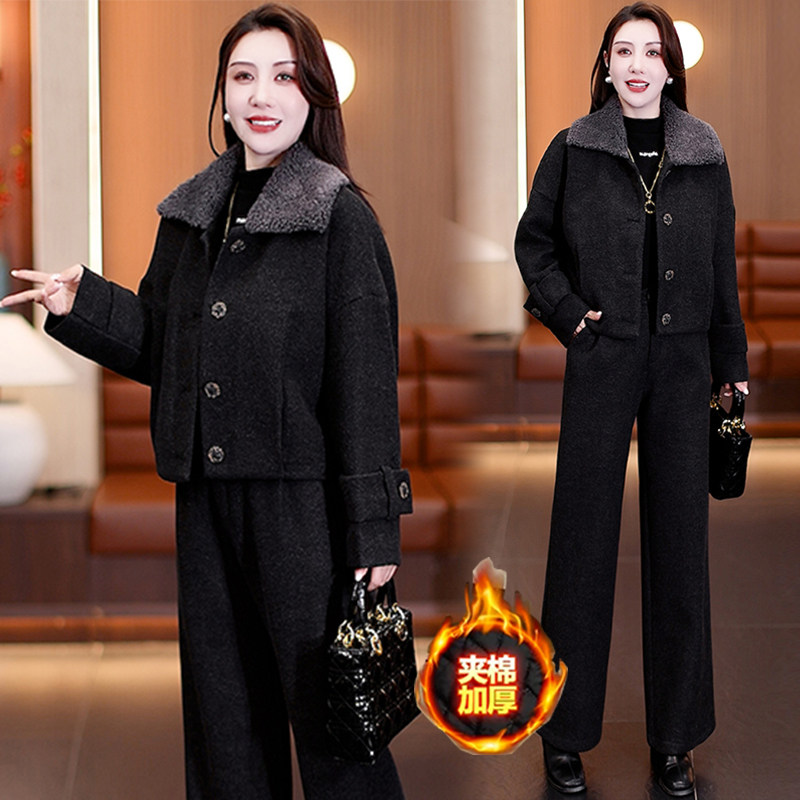 时尚套装女冬季新款宽松显瘦夹棉保暖翻领毛呢外套阔腿裤两件套潮,淘宝优惠券,粉丝福利购,淘宝优惠卷