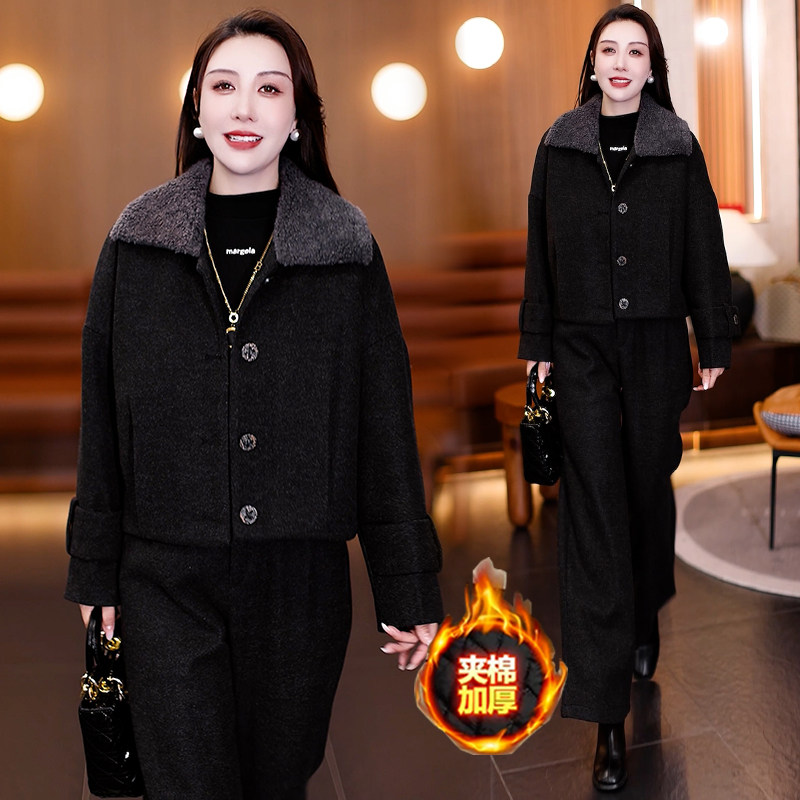 时尚套装女冬季新款宽松显瘦夹棉保暖翻领毛呢外套阔腿裤两件套潮,淘宝优惠券,粉丝福利购,淘宝优惠卷