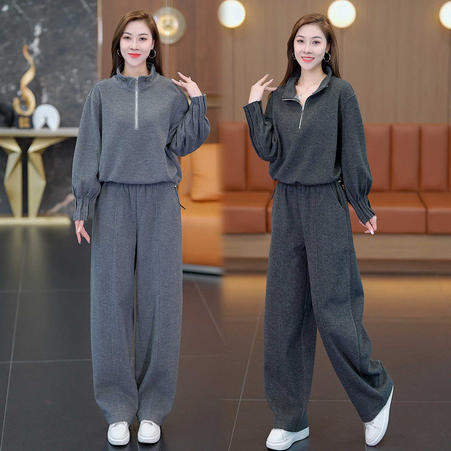 休闲立领半拉链卫衣阔腿裤两件套女秋冬新款宽松韩版加绒运动套装,淘宝优惠券,粉丝福利购,淘宝优惠卷