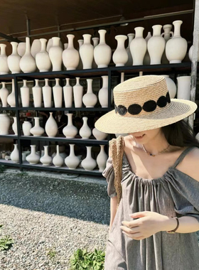 欧美蕾丝贴片麦秆ins网红同款平顶草帽时尚防晒度假遮阳沙滩帽子