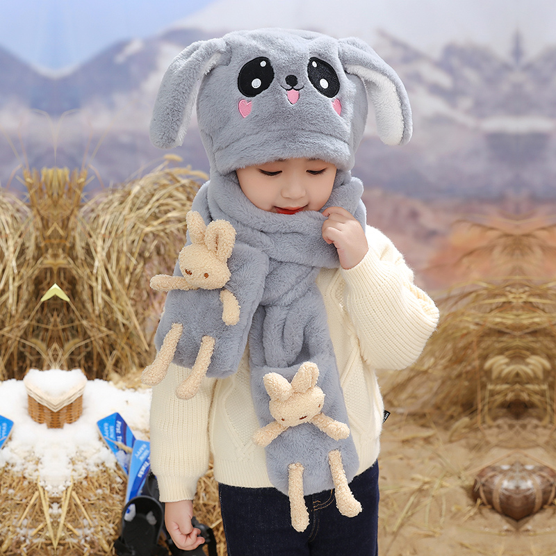 儿童帽子会动的兔耳朵围巾一体手套三件套冬季保暖男女童围脖可爱