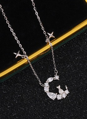 新款999足银月亮猫项链女锁骨链