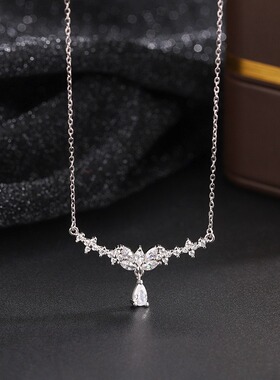 s999纯银水滴樱花项链女锆石锁骨