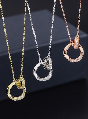 s999纯银双环相扣项链女镶钻