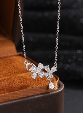 S999纯银双蝴蝶项链女水滴锁骨链