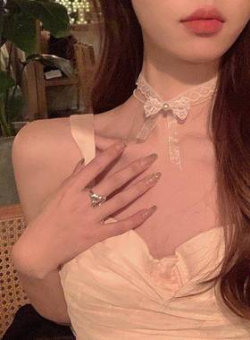 蝴蝶结白色蕾丝项圈女颈带choker脖子配饰颈链高级感禁欲系项链绳