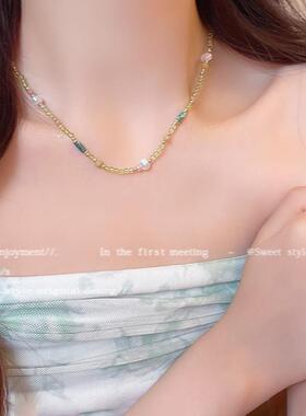 小清新简约淡绿色串珠项链女小众高级感仿珍珠锁骨链百搭气质颈链