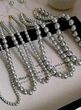 法式复古灰色珍珠项链小众简约设计感锁骨链气质轻奢高级感项饰女