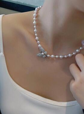 法式曼塔玫瑰蝴蝶高亮珍珠项链女轻奢高级感精致颈链百搭锁骨链