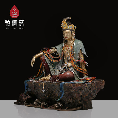 骏澜斋铜贴金自在观音佛像供奉家用观世音菩萨像水月观音像摆件 - 图0