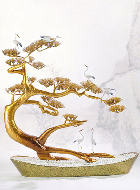 金松黄铜仙鹤金属松树摆件