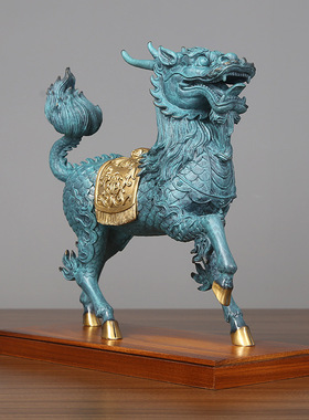 骏澜斋彩铜吉祥麒麟铜招财摆件办公室客厅家居工艺礼品乔迁开业