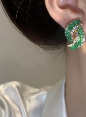 几何绿色满钻耳钉纯银针精致耳环