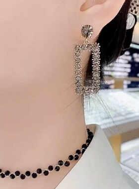 纯银针满钻长方形耳环高级感气质