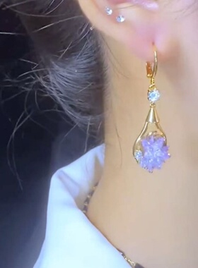 轻奢紫色水晶冰花耳环小众设计感