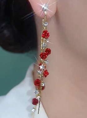 纯银针锆石长款玫瑰花流苏耳环