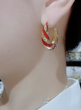 撞色中国红耳环女复古风简约耳圈