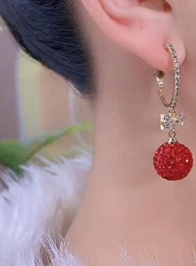 红色圆球耳饰锆石蝴蝶结耳环女
