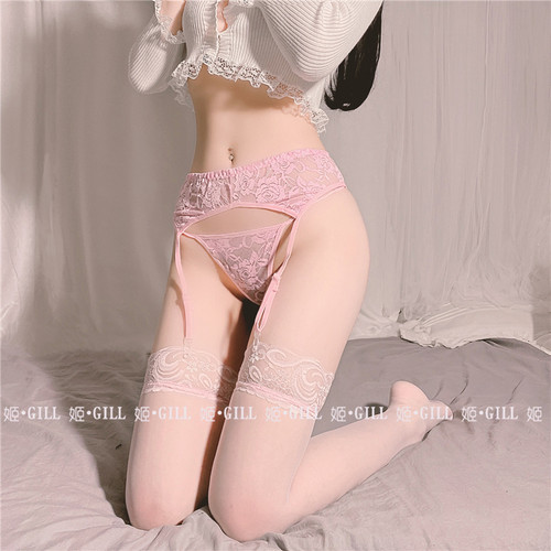 姬Gill：日系性感蕾丝蝴蝶结吊带袜T裤黑丝中筒袜女薄款透视白丝 - 图2