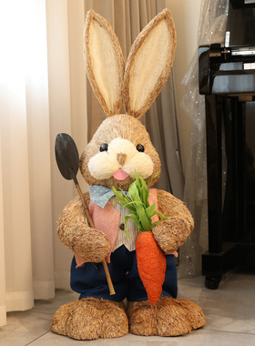 可爱草编兔子客厅动物装饰摆件橱窗别墅幼儿园环创布置落地摆设无