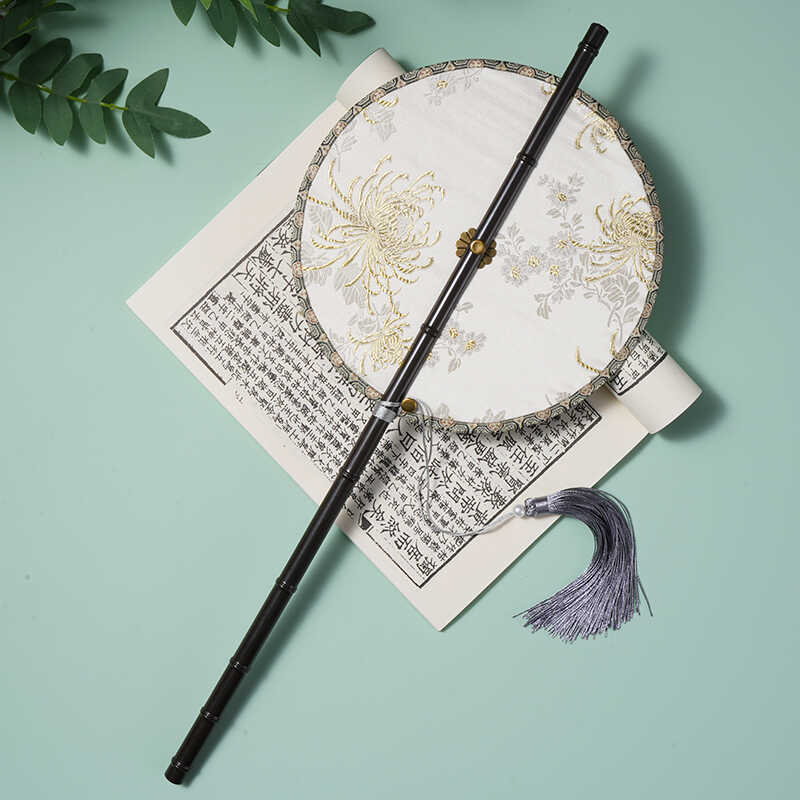 古风紫竹腰扇汉服彼岸花团扇长柄流苏可卷曲折扇古典便携挂腰扇子 - 图1
