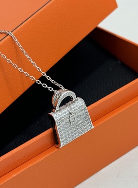凯莉包包项链通体925纯银满钻锁头包玉髓方形锁骨链名媛气质首饰
