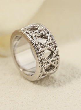 欧美高级感藤格纹蕾丝戒指高品质时尚小众设计感女戒编织网重工