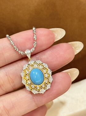 布契风复古宫廷蕾丝太阳花项链通体925纯银松石高品质双色高品质
